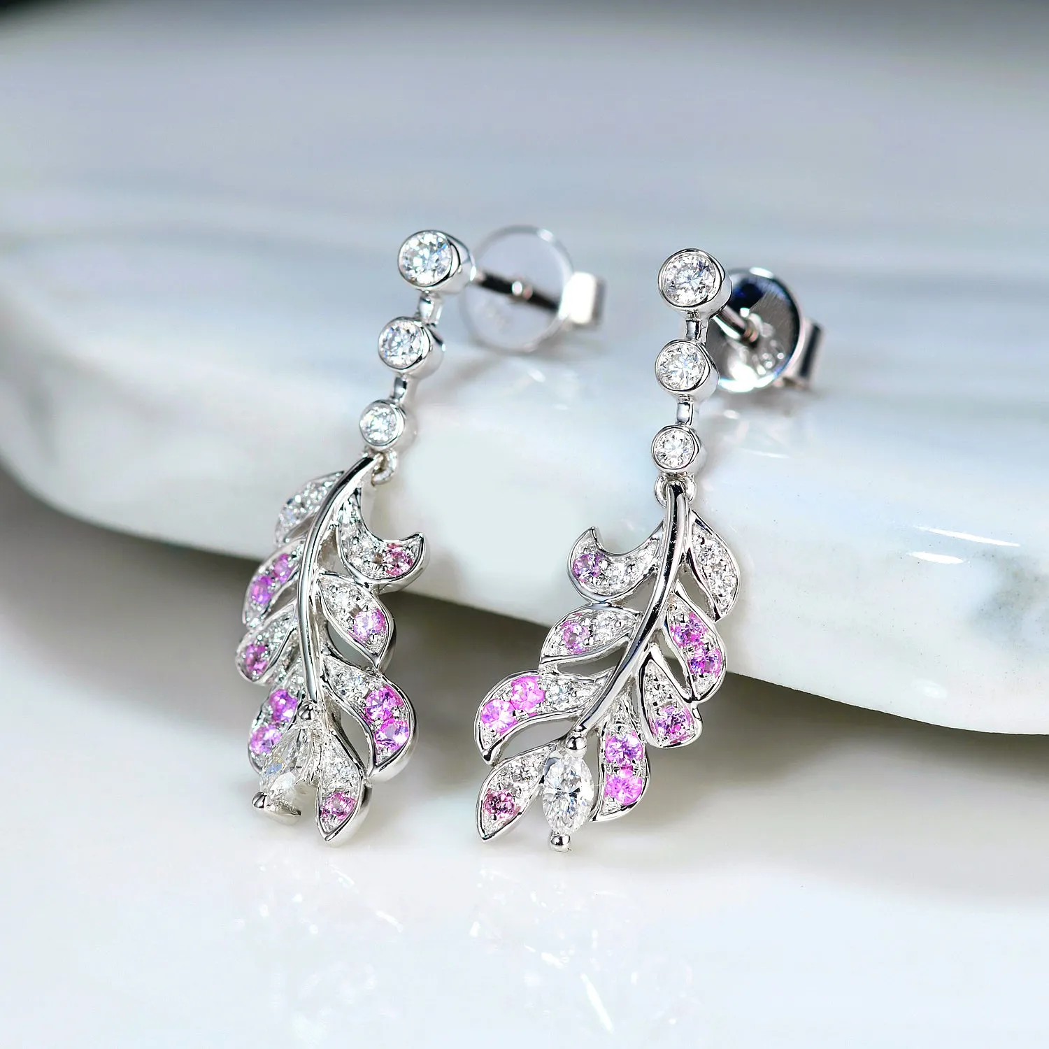 Diamond and Pink Sapphire Feather Dangle Earrings