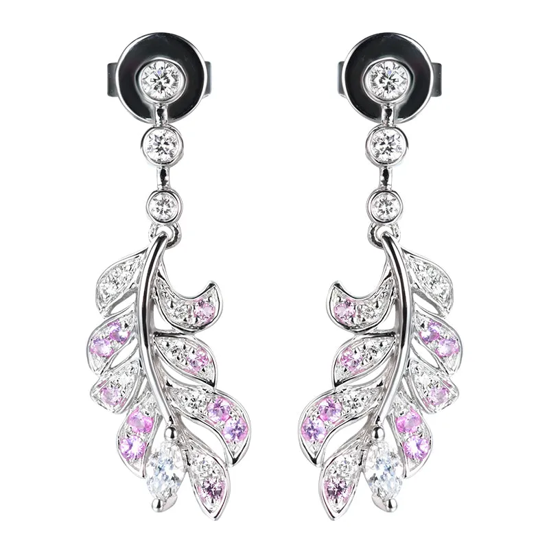 Diamond and Pink Sapphire Feather Dangle Earrings