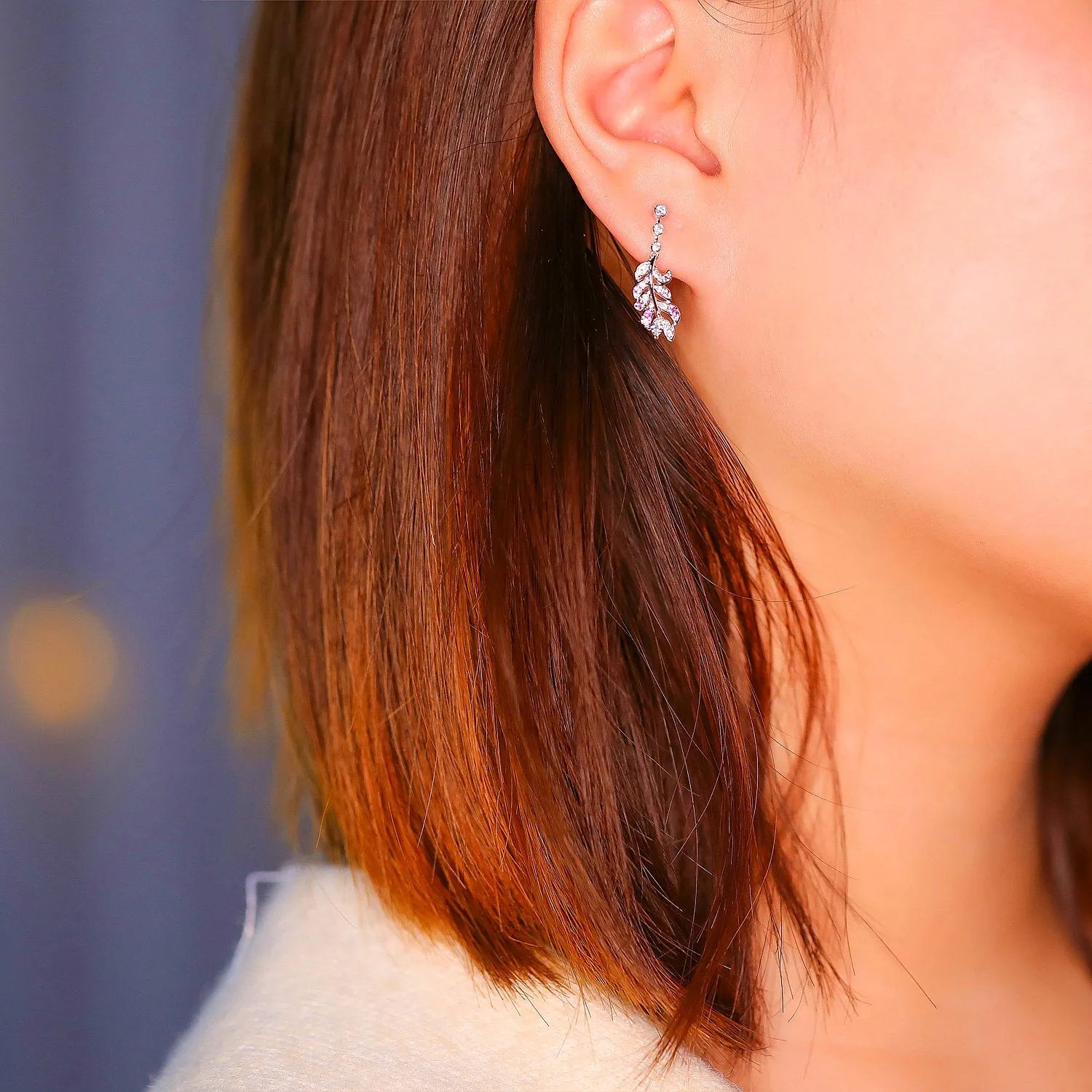 Diamond and Pink Sapphire Feather Dangle Earrings
