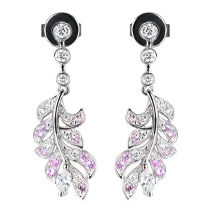 Diamond and Pink Sapphire Feather Dangle Earrings