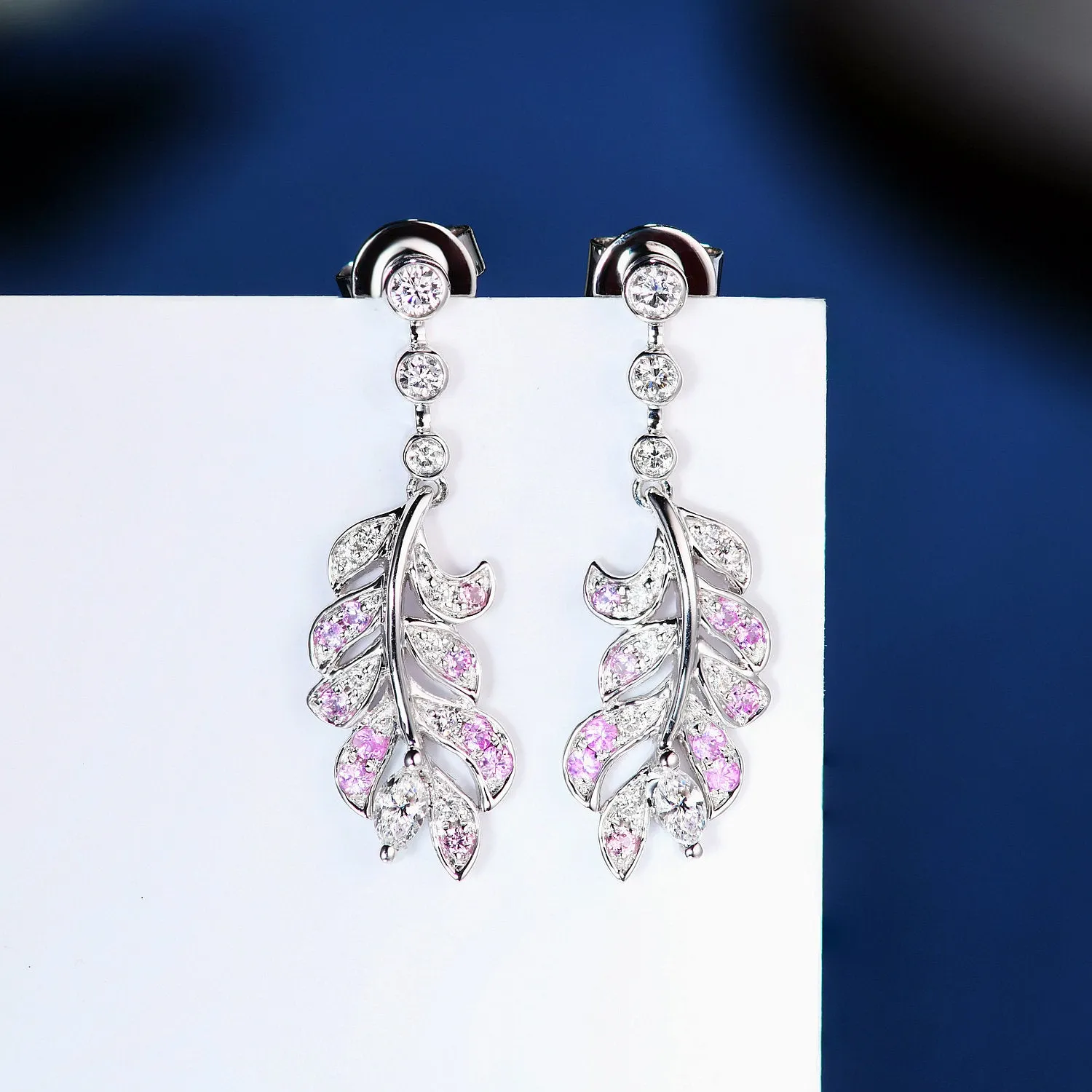 Diamond and Pink Sapphire Feather Dangle Earrings