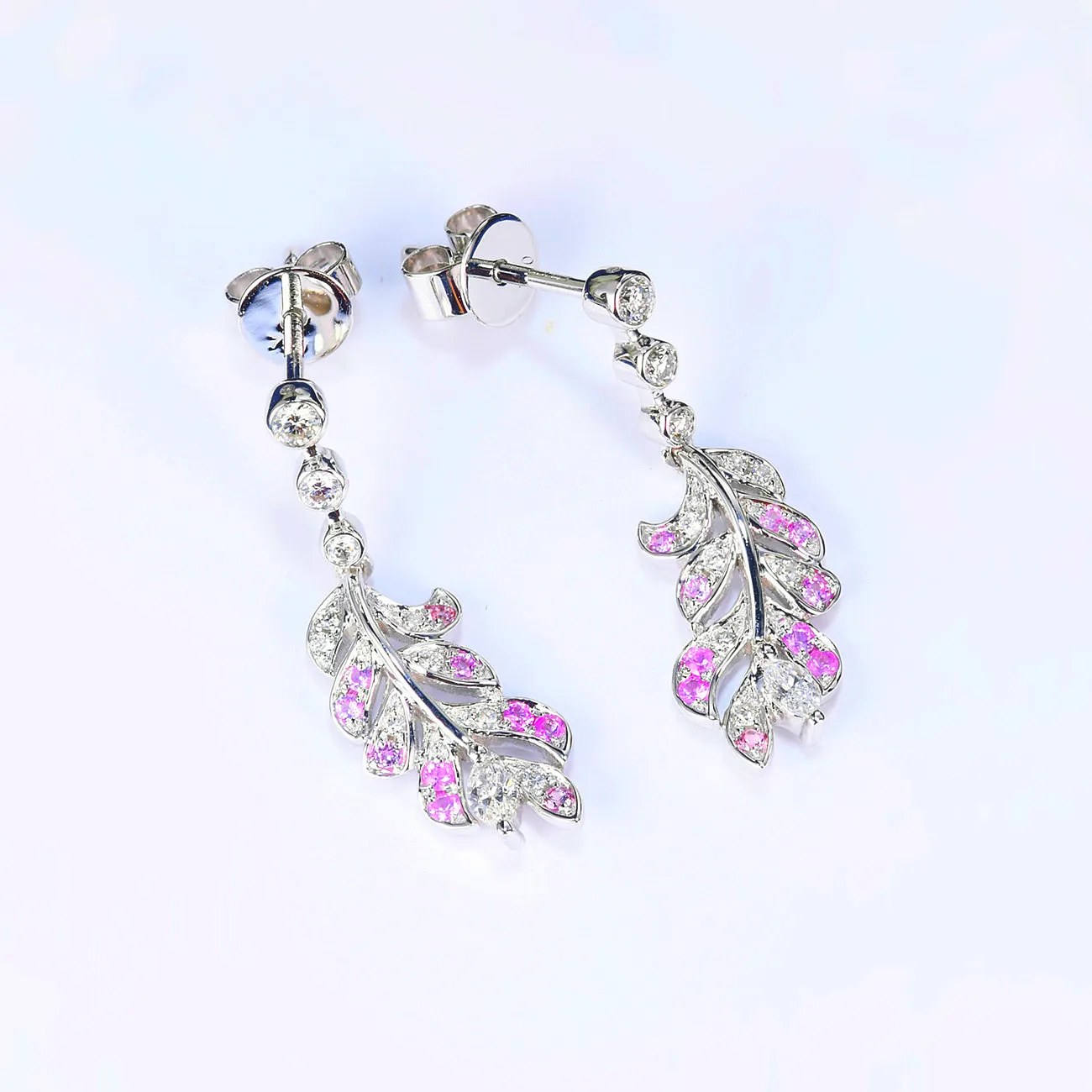 Diamond and Pink Sapphire Feather Dangle Earrings