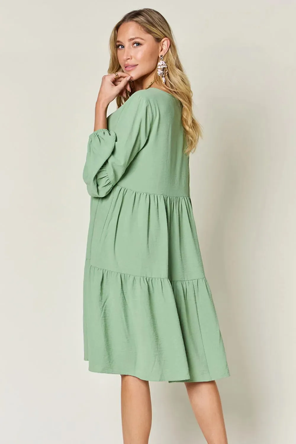 Double Take Full Size V-Neck Balloon Sleeve Tiered Dress with Pockets