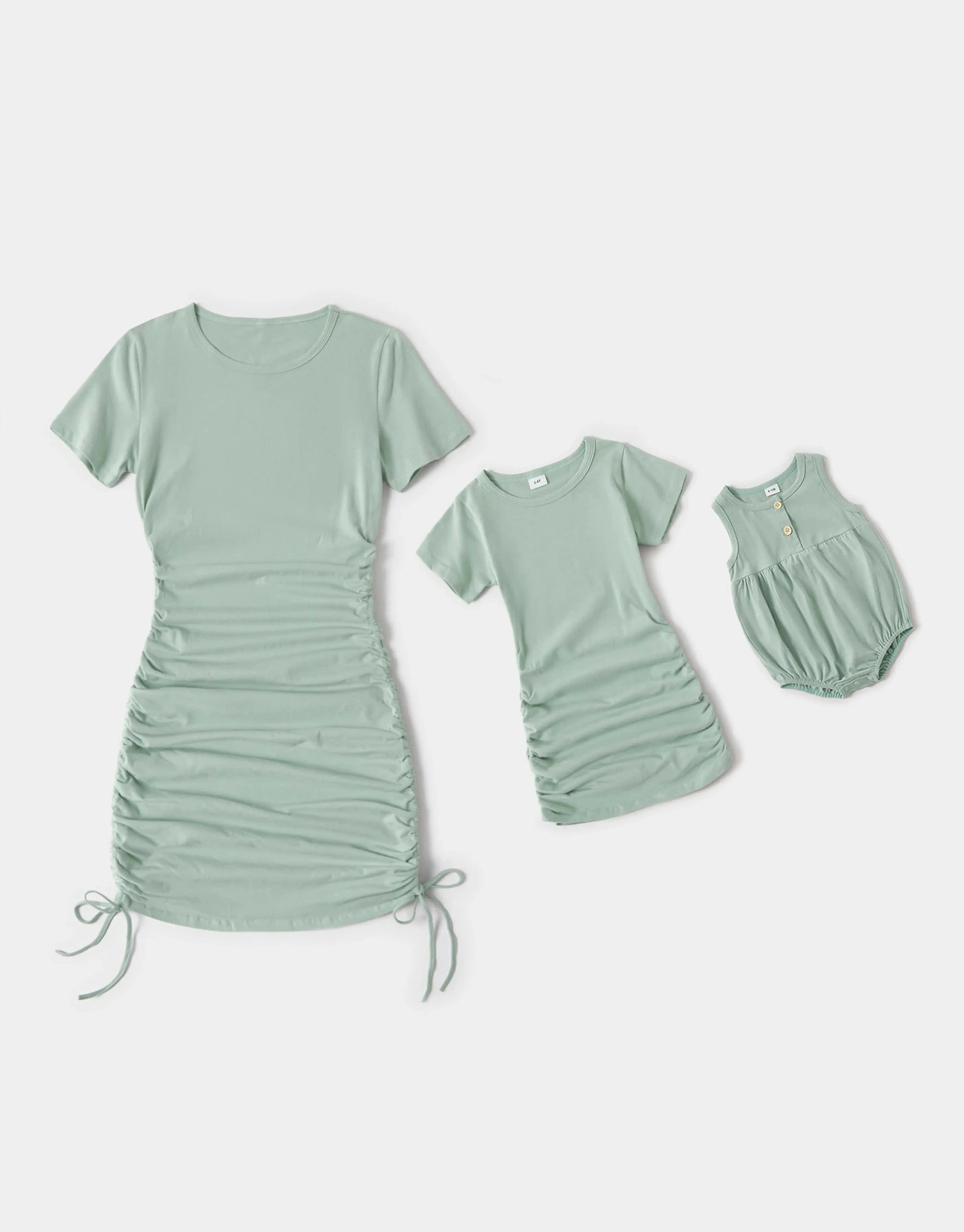 Drawstring Short Sleeve Mini Dresses for Mommy and Me - Light Green
