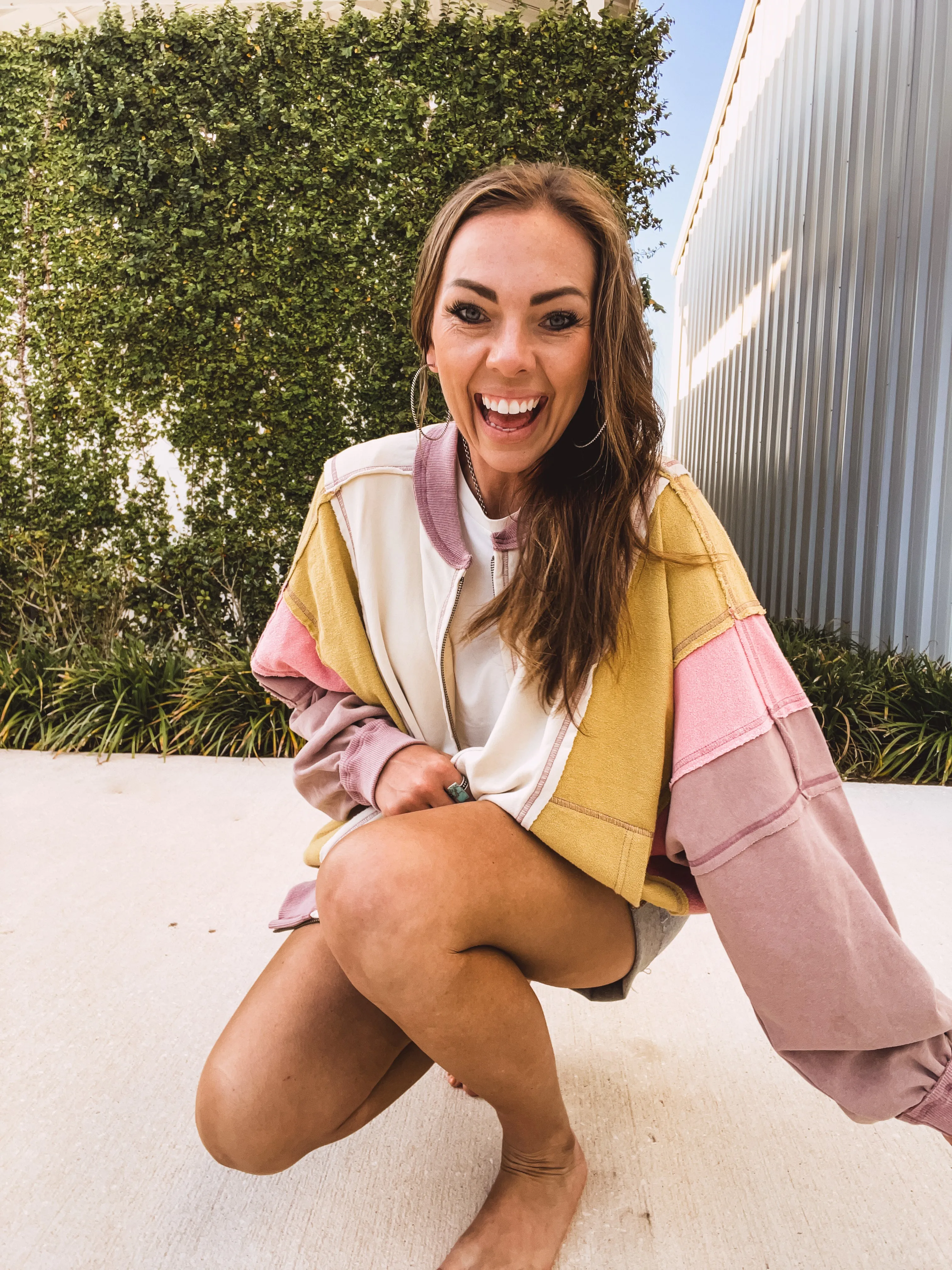 Ecru Rose Colorblock Wash Zip Hoodie