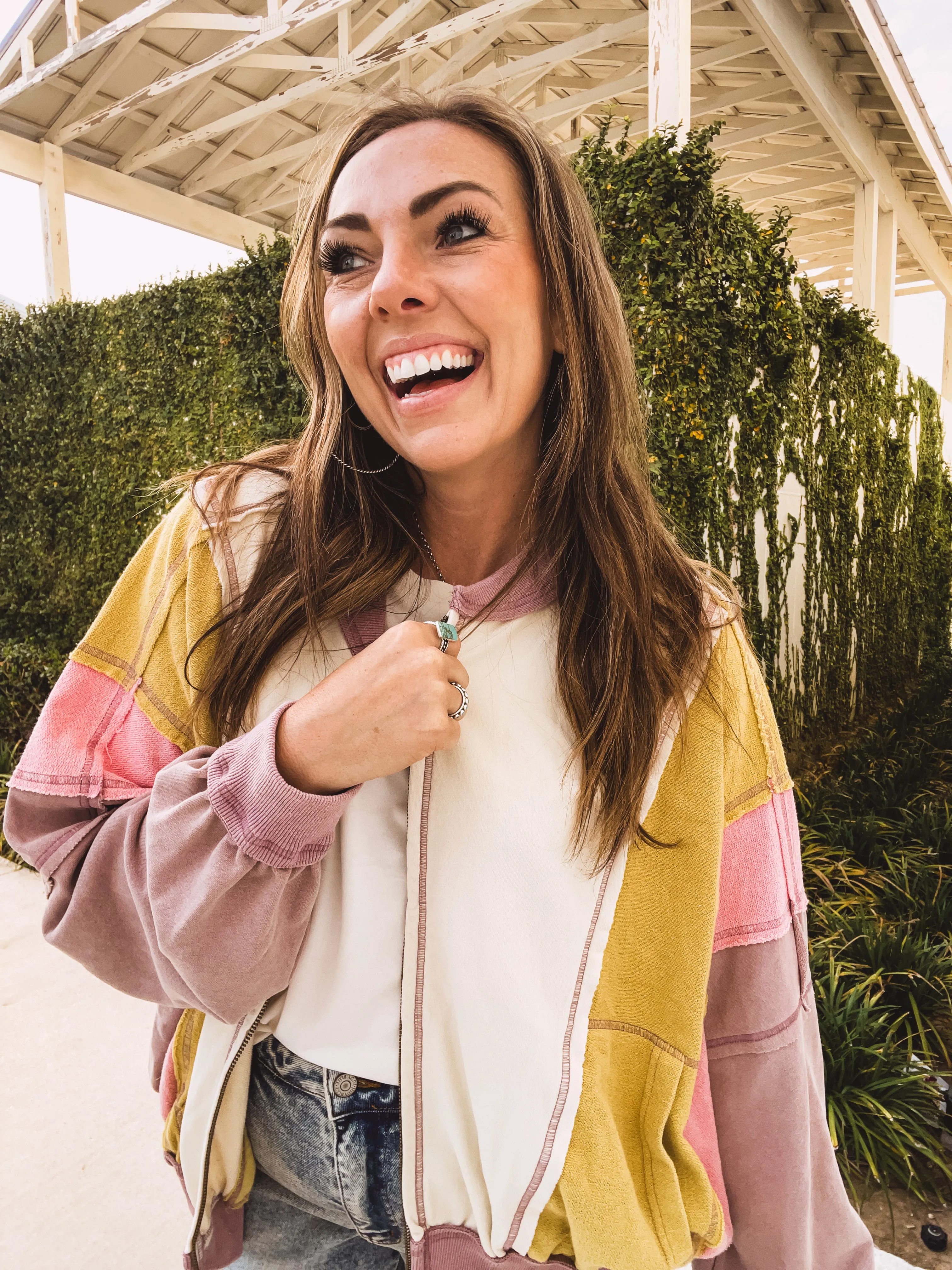 Ecru Rose Colorblock Wash Zip Hoodie