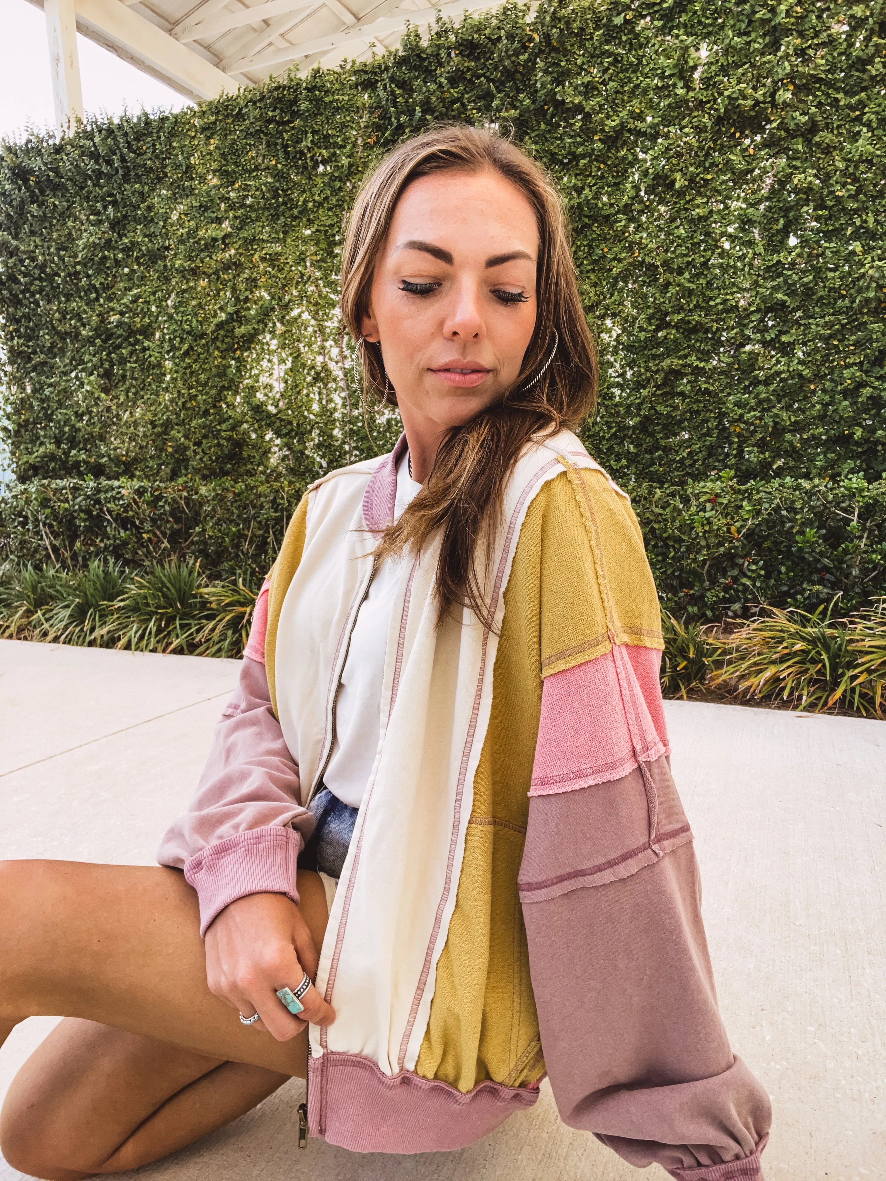 Ecru Rose Colorblock Wash Zip Hoodie