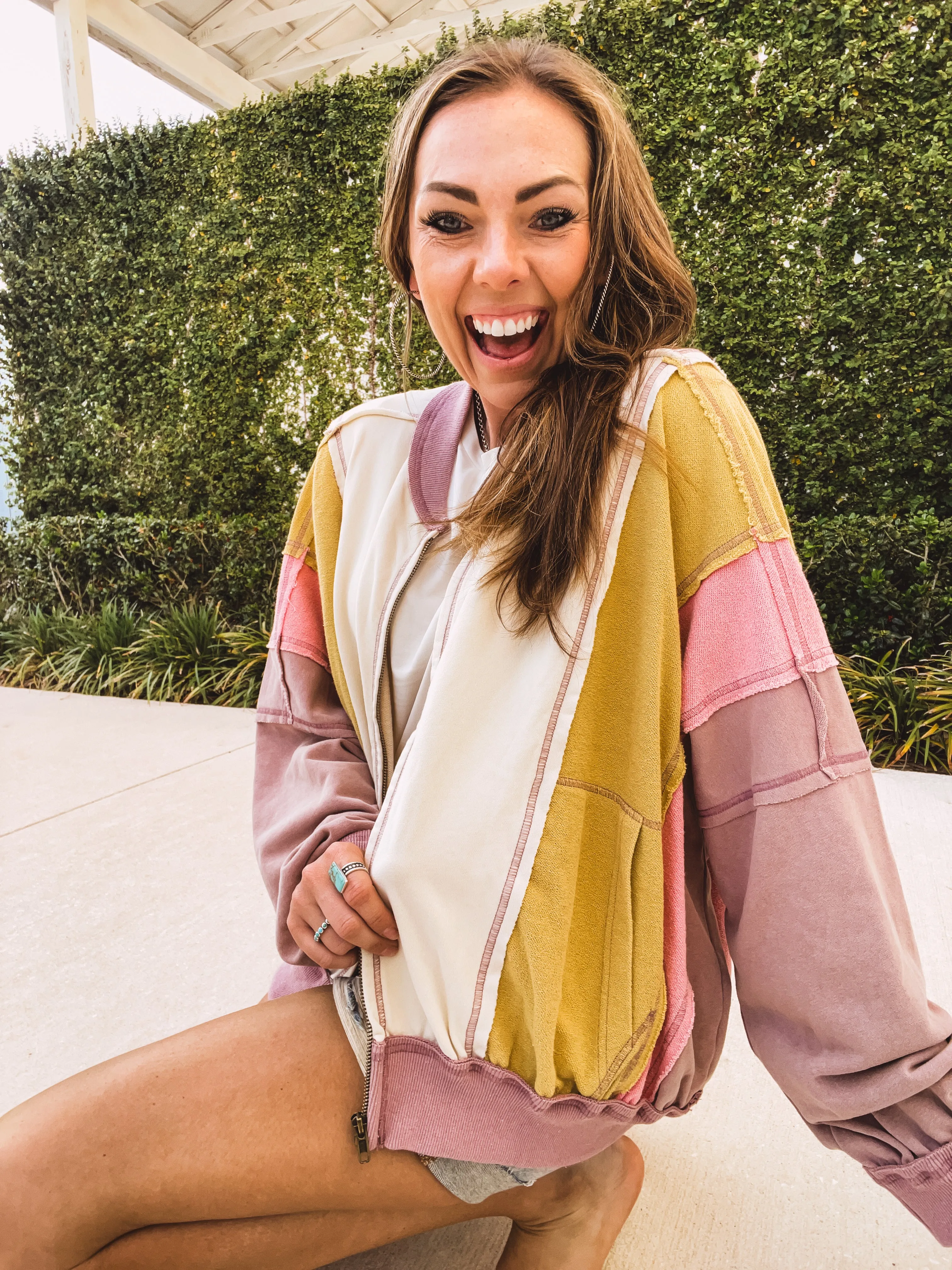 Ecru Rose Colorblock Wash Zip Hoodie