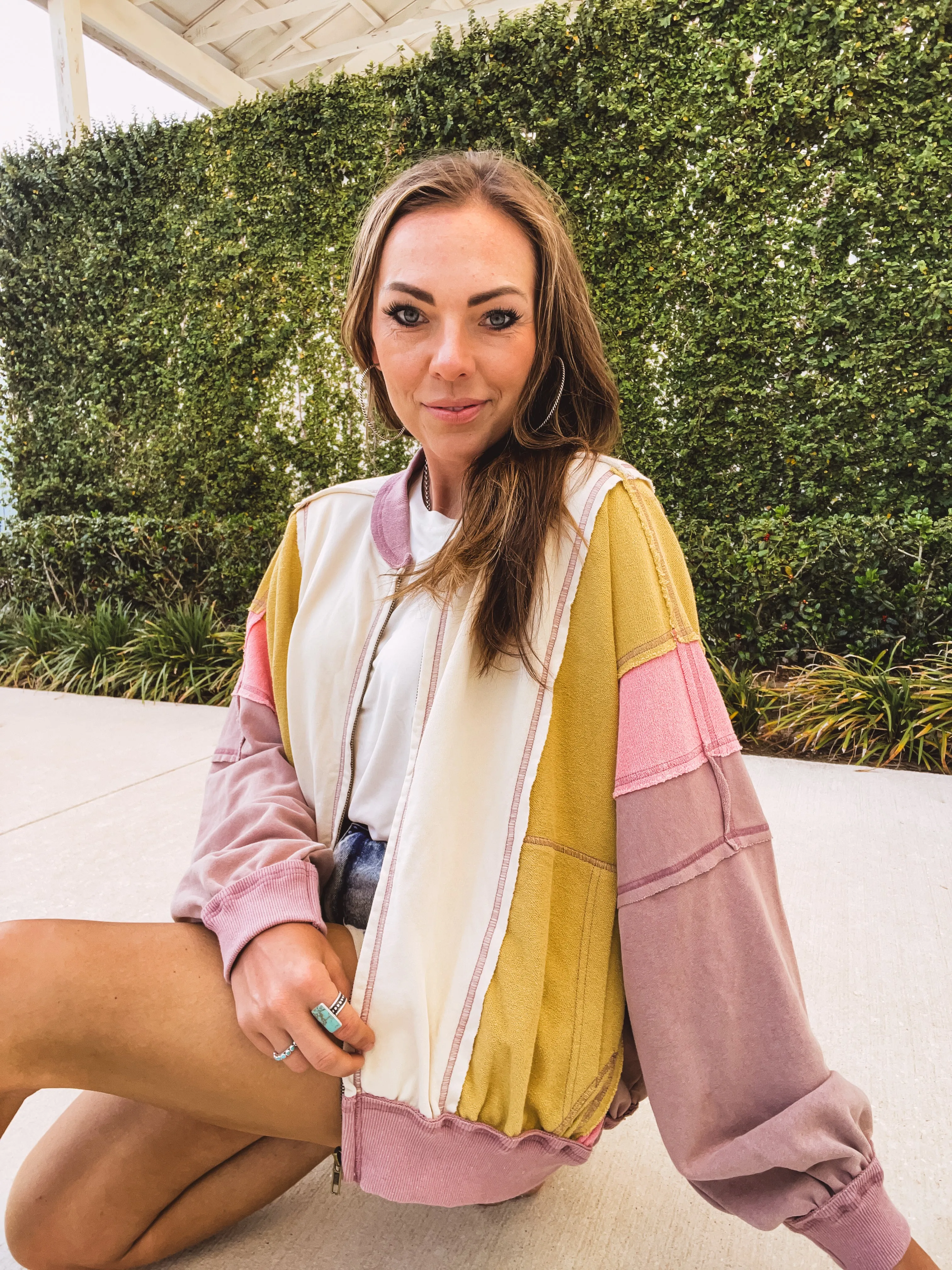 Ecru Rose Colorblock Wash Zip Hoodie