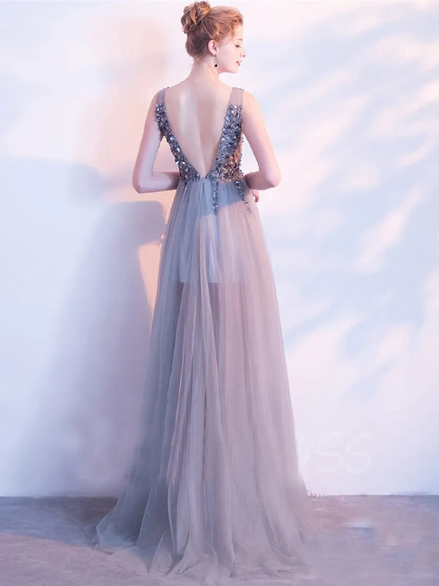 Elegant A Line Sequin Tulle Long V Neck Sleeveless Prom Dress OKC2