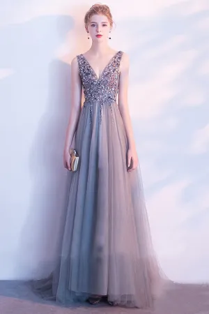 Elegant A Line Sequin Tulle Long V Neck Sleeveless Prom Dress OKC2