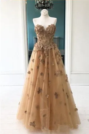Elegant A-Line Sweetheart Appliqued Brown Prom Dresses OKL96