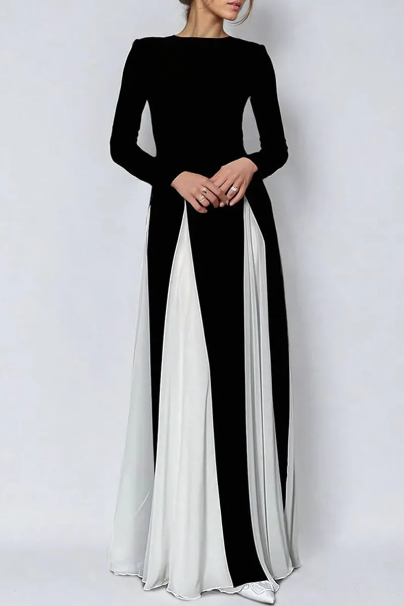 Elegant Solid Color Contrast O Neck Long Dresses