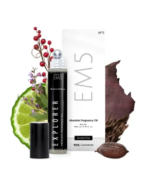 EM5™ Explorer | Perfume Oil Roll On (Attar) 90% Concentrate Non-Alcoholic for Men and Women, Strong and Long Lasting | Woody Fresh Spicy Fragrance Perfume Oil | 10ml Roll-On Easy to Carry and Travel Friendly