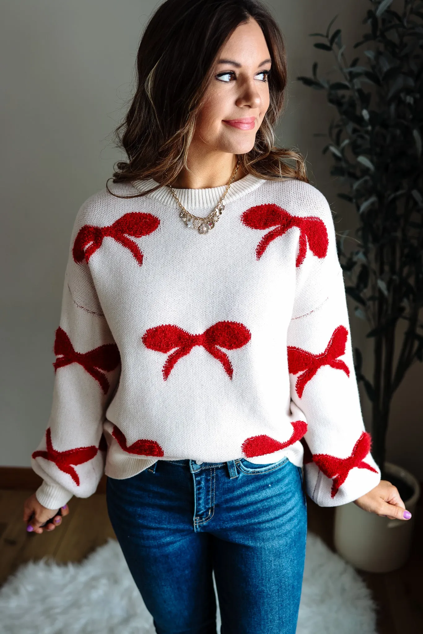 Esme Ribbon Sweater - Cream/Red