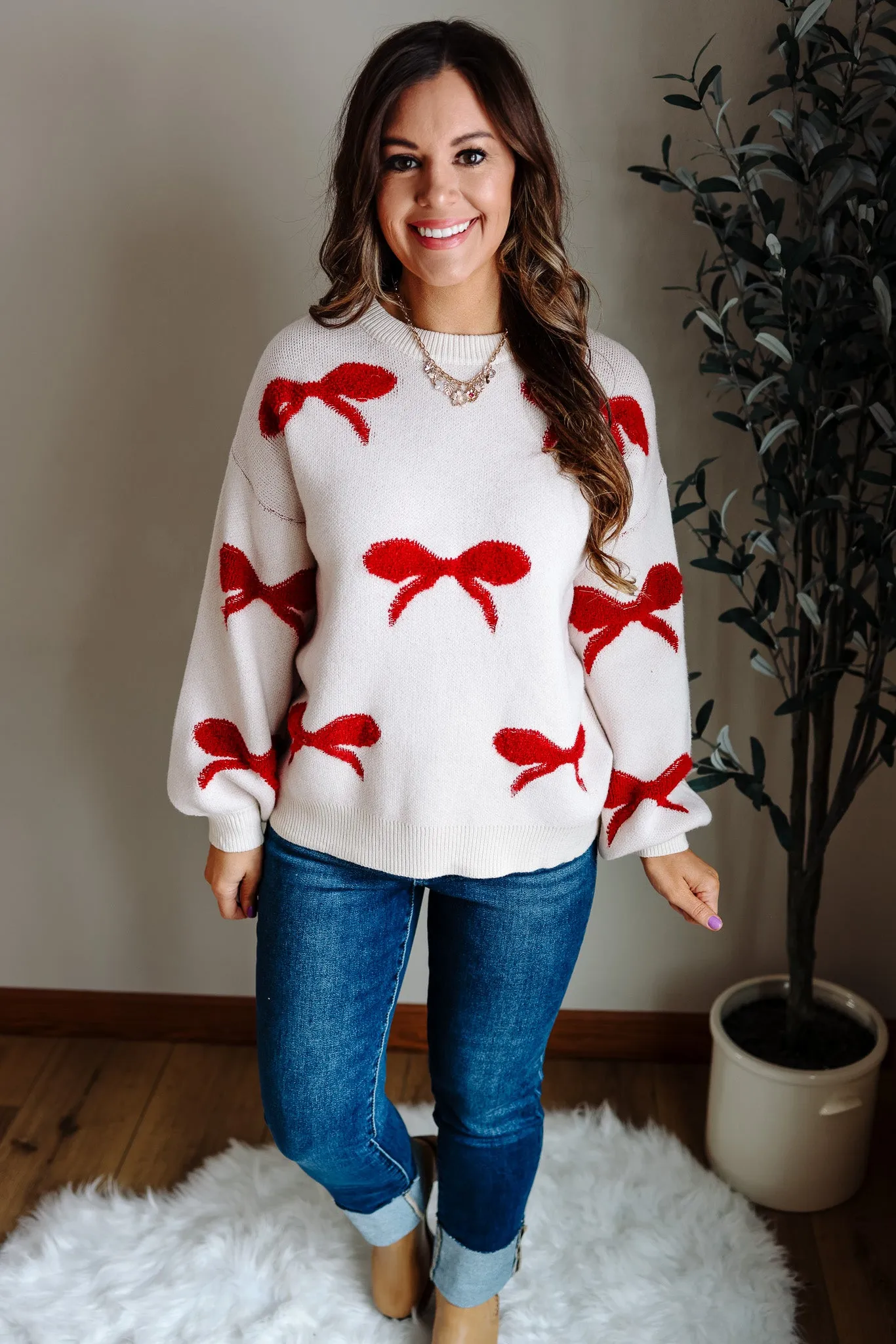 Esme Ribbon Sweater - Cream/Red