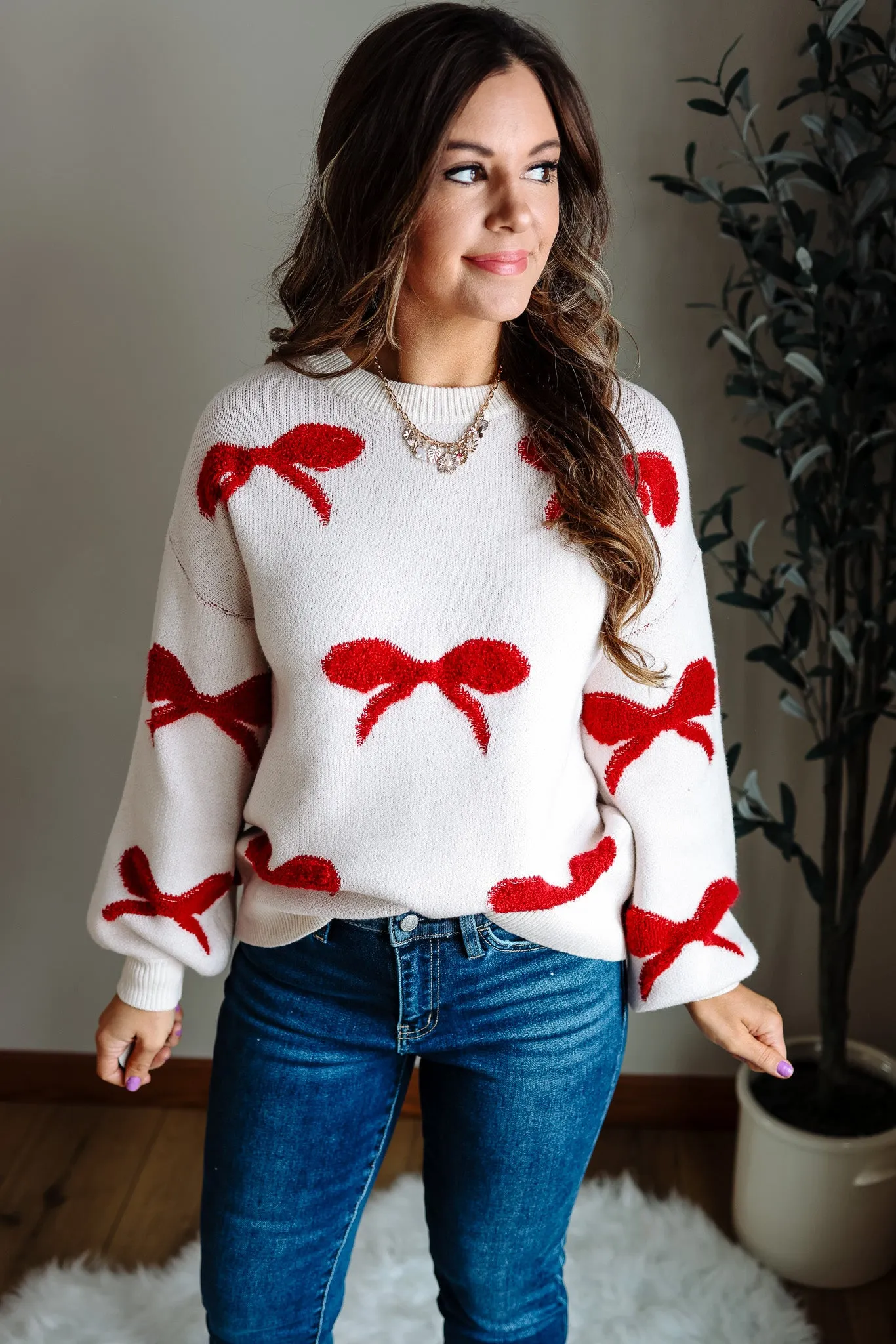 Esme Ribbon Sweater - Cream/Red
