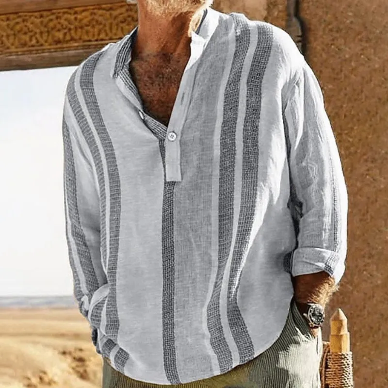 Faelan - Men's V-neck Striped Print Loose Lapel Shirt