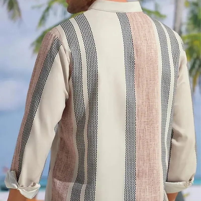 Faelan - Men's V-neck Striped Print Loose Lapel Shirt