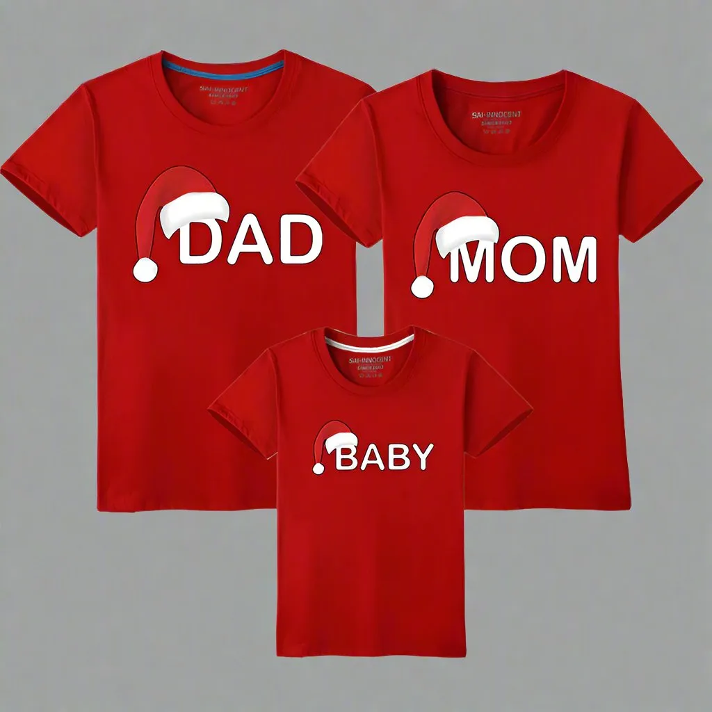Family Matching Christmas T-Shirts – "Dad, Mom, Baby" Santa Hat Design