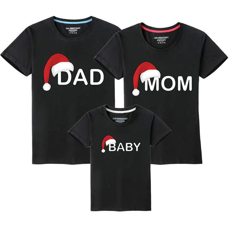 Family Matching Christmas T-Shirts – "Dad, Mom, Baby" Santa Hat Design