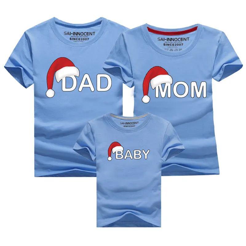 Family Matching Christmas T-Shirts – "Dad, Mom, Baby" Santa Hat Design
