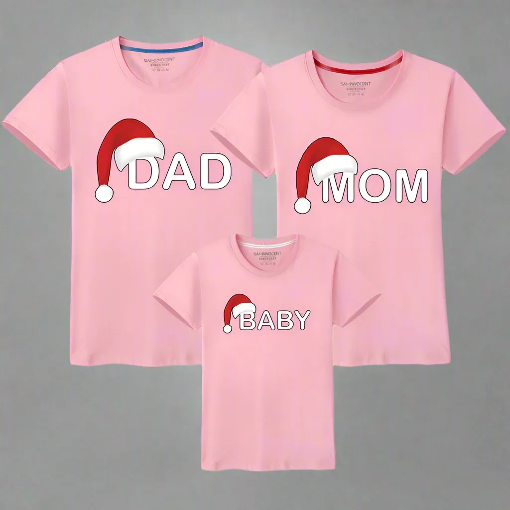 Family Matching Christmas T-Shirts – "Dad, Mom, Baby" Santa Hat Design