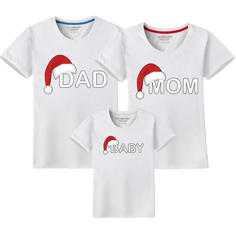 Family Matching Christmas T-Shirts – "Dad, Mom, Baby" Santa Hat Design