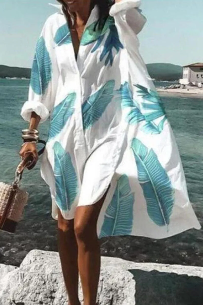 Fashion Casual Print Patchwork Turndown Collar Irregular Dresses(9 Colors)