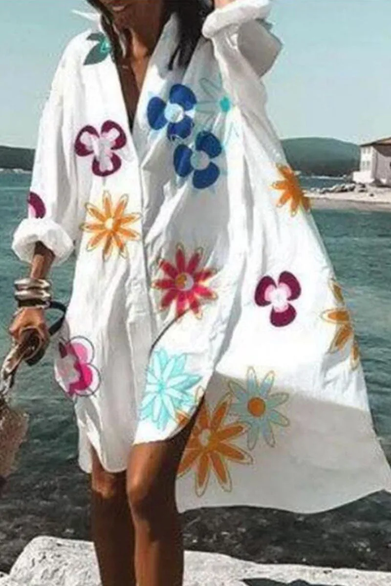 Fashion Casual Print Patchwork Turndown Collar Irregular Dresses(9 Colors)