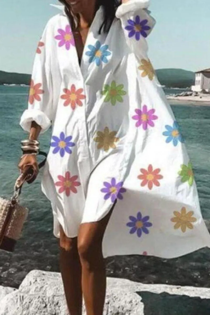 Fashion Casual Print Patchwork Turndown Collar Irregular Dresses(9 Colors)