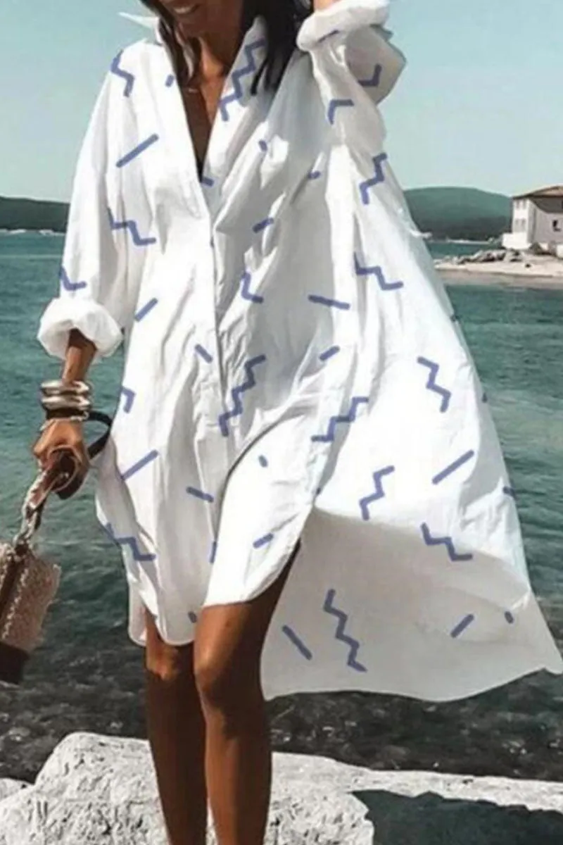 Fashion Casual Print Patchwork Turndown Collar Irregular Dresses(9 Colors)