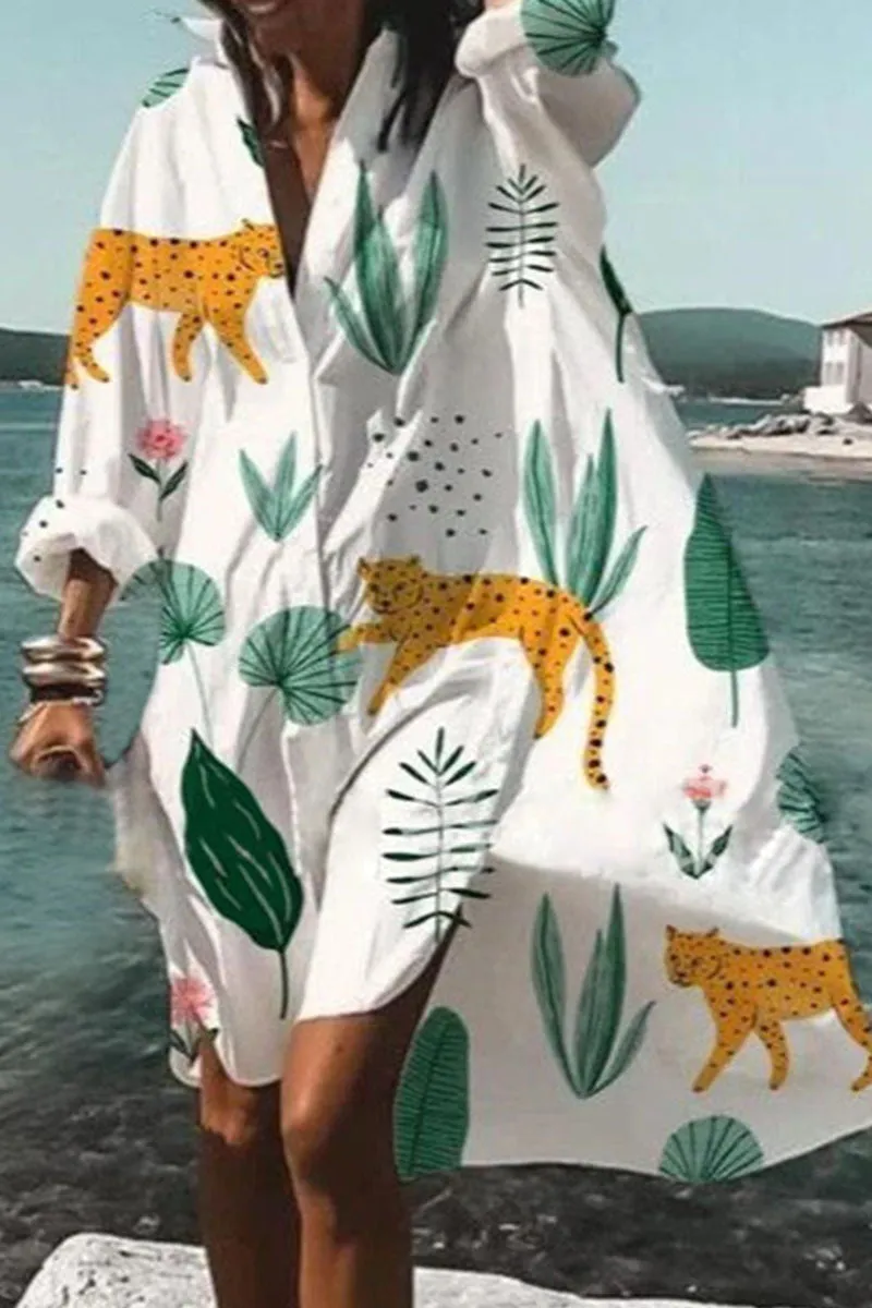 Fashion Casual Print Patchwork Turndown Collar Irregular Dresses(9 Colors)