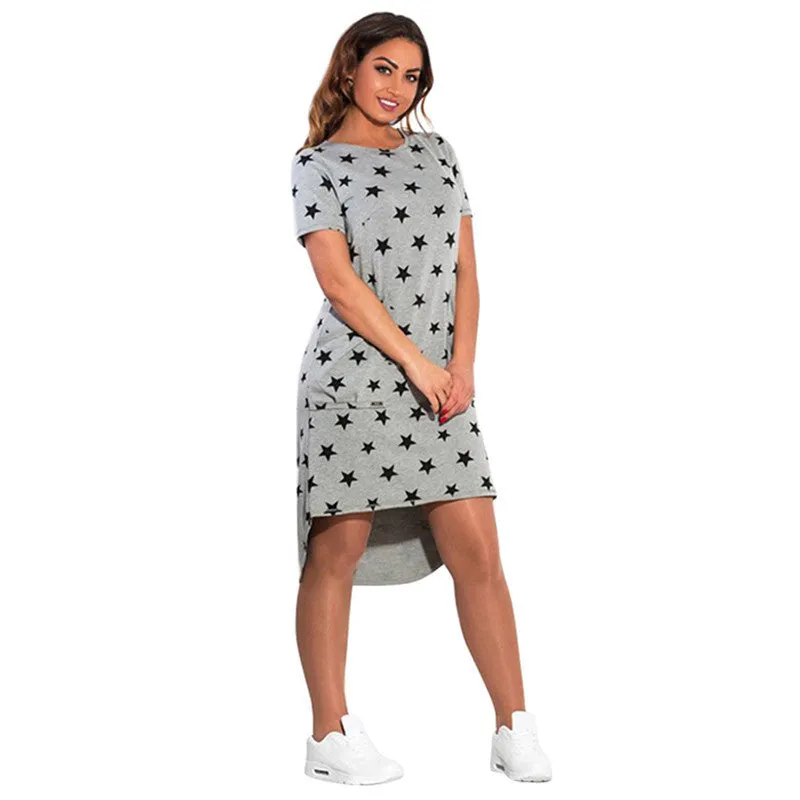 Fashion Print Star summer women dresses plus size women clothing Short Sleeve Knee-Length dress casual o-neck loose dress
