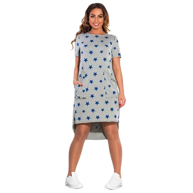 Fashion Print Star summer women dresses plus size women clothing Short Sleeve Knee-Length dress casual o-neck loose dress