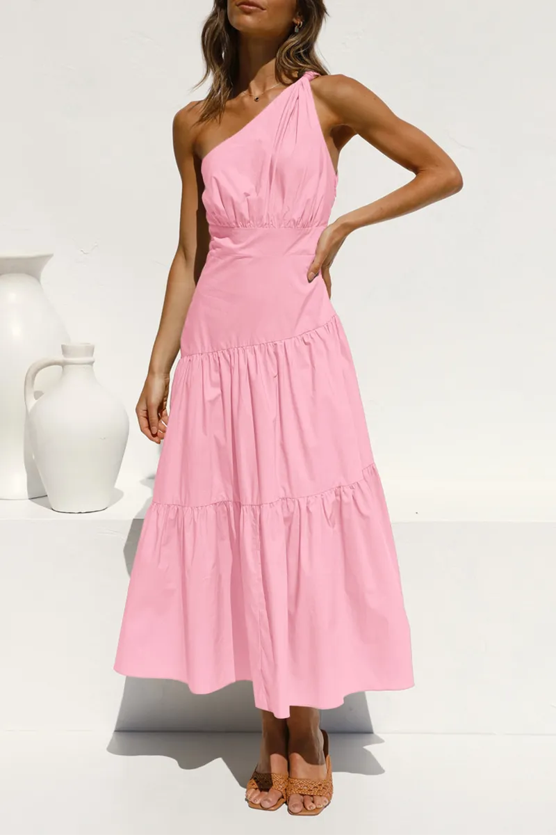 Fashion Solid One Shoulder Cake Skirt Dresses(6 Colors)
