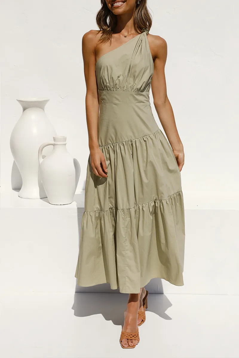 Fashion Solid One Shoulder Cake Skirt Dresses(6 Colors)