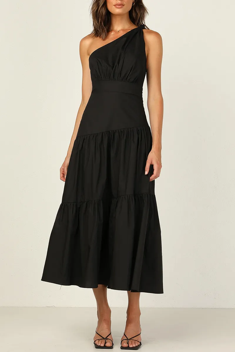 Fashion Solid One Shoulder Cake Skirt Dresses(6 Colors)