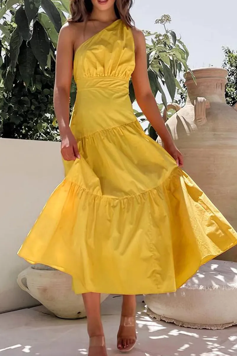 Fashion Solid One Shoulder Cake Skirt Dresses(6 Colors)