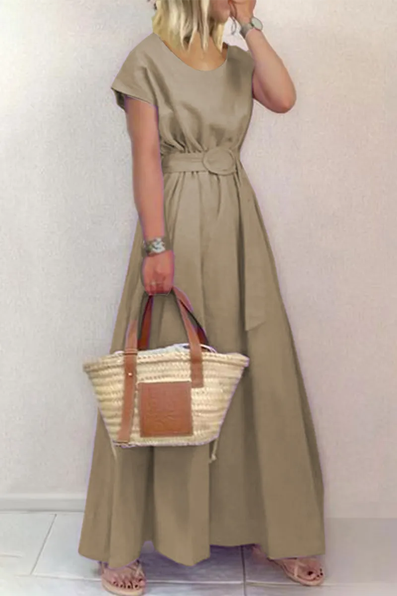 Fashion Solid Patchwork O Neck Waist Skirt Dresses