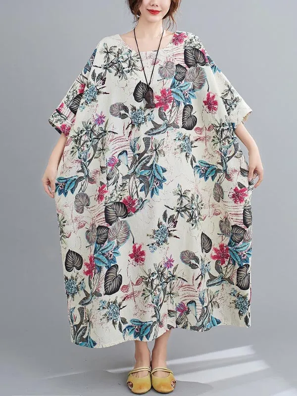 Floral Half Sleeves Loose Round-neck Maxi Dresses Dresses