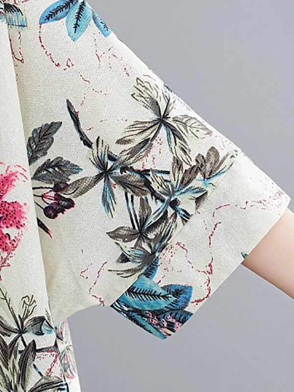 Floral Half Sleeves Loose Round-neck Maxi Dresses Dresses