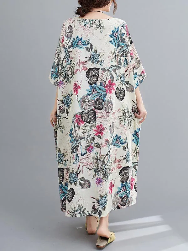 Floral Half Sleeves Loose Round-neck Maxi Dresses Dresses
