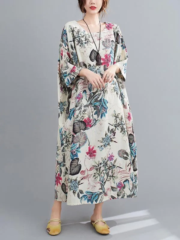 Floral Half Sleeves Loose Round-neck Maxi Dresses Dresses