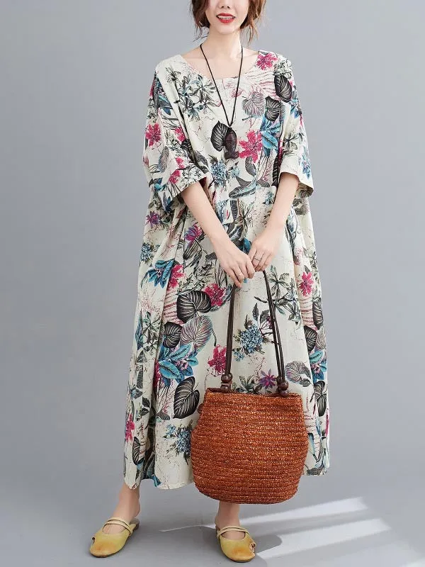 Floral Half Sleeves Loose Round-neck Maxi Dresses Dresses