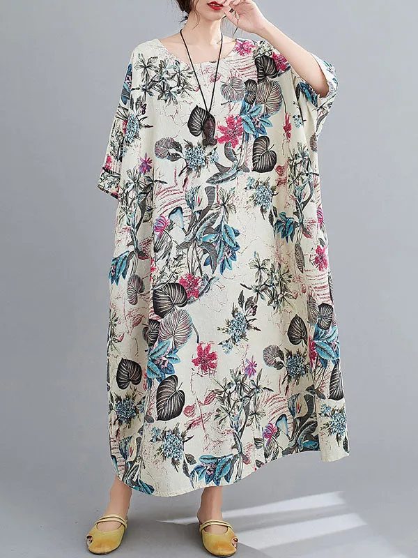 Floral Half Sleeves Loose Round-neck Maxi Dresses Dresses