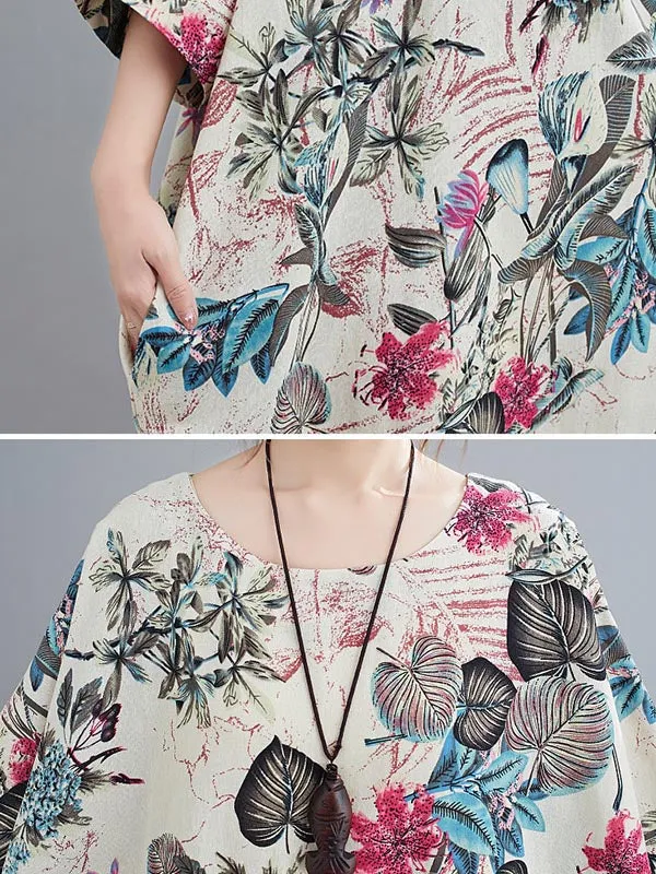 Floral Half Sleeves Loose Round-neck Maxi Dresses Dresses