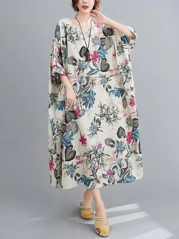 Floral Half Sleeves Loose Round-neck Maxi Dresses Dresses