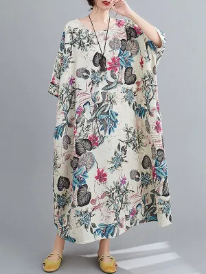 Floral Half Sleeves Loose Round-neck Maxi Dresses Dresses