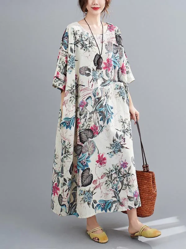 Floral Half Sleeves Loose Round-neck Maxi Dresses Dresses